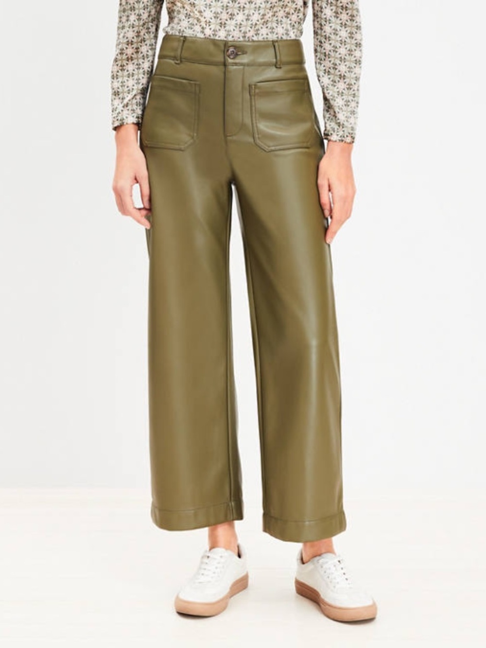 Palmer Wide Leg Crop Pants in Faux Leather Olive Green